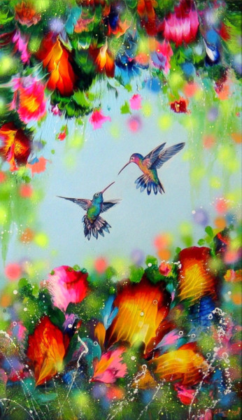 Peinture intitulée ""Hummingbirds and F…" par Irini Karpikioti, Œuvre d'art originale, Acrylique
