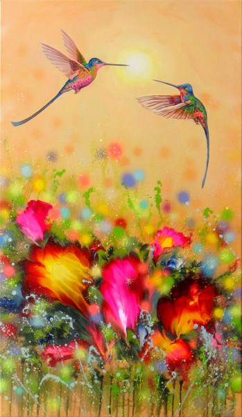 Schilderij getiteld "Hummingbird at Suns…" door Irini Karpikioti, Origineel Kunstwerk, Acryl