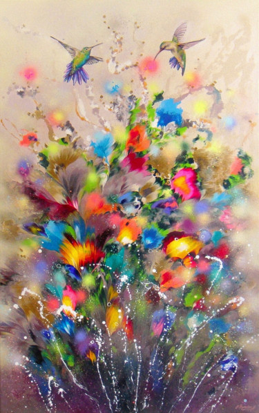 Peinture intitulée ""Hummingbirds" XL P…" par Irini Karpikioti, Œuvre d'art originale, Acrylique