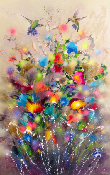 Pittura intitolato ""Hummingbirds" XL P…" da Irini Karpikioti, Opera d'arte originale, Acrilico