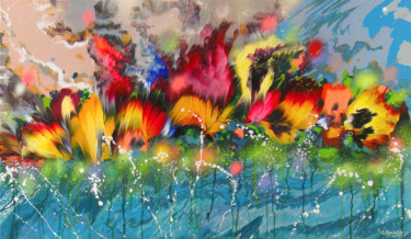 Pintura titulada ""Flowers in Water"…" por Irini Karpikioti, Obra de arte original, Acrílico Montado en Bastidor de camilla…