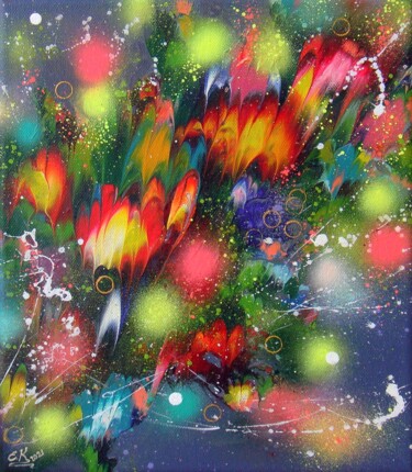 "“Flowers” Abstract…" başlıklı Tablo Irini Karpikioti tarafından, Orijinal sanat, Akrilik Ahşap Sedye çerçevesi üzerine mont…