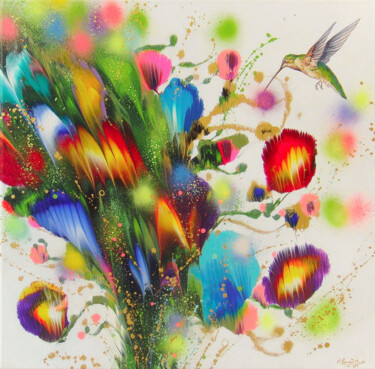 Картина под названием "”New Day” Hummingbi…" - Irini Karpikioti, Подлинное произведение искусства, Акрил Установлен на Дерев…