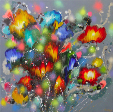 Painting titled "”Flowers in Silver”…" by Irini Karpikioti, Original Artwork, Acrylic Mounted on Wood Stretcher frame