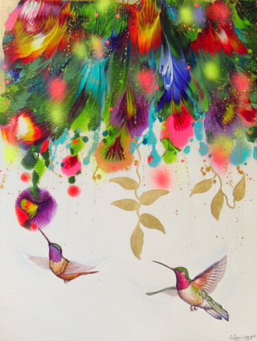 Malerei mit dem Titel "Flowers and Humming…" von Irini Karpikioti, Original-Kunstwerk, Acryl Auf Keilrahmen aus Holz montiert