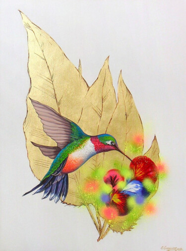 Painting titled "Hummingbird" by Irini Karpikioti, Original Artwork, Acrylic Mounted on Wood Stretcher frame