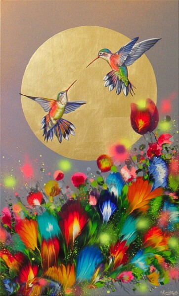 Pittura intitolato "Hummingbirds at Sun…" da Irini Karpikioti, Opera d'arte originale, Acrilico Montato su Telaio per barell…