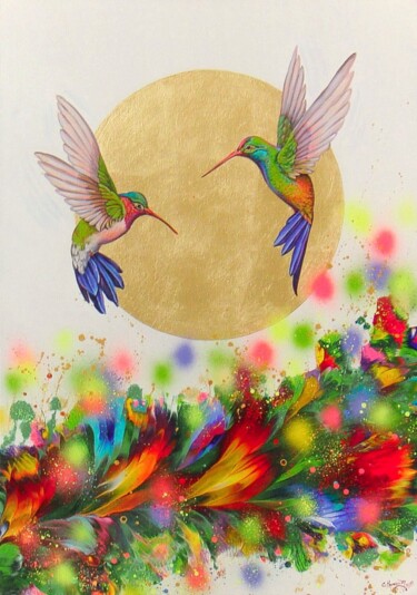 Painting titled "Hummingbirds in Fli…" by Irini Karpikioti, Original Artwork, Acrylic Mounted on Wood Stretcher frame