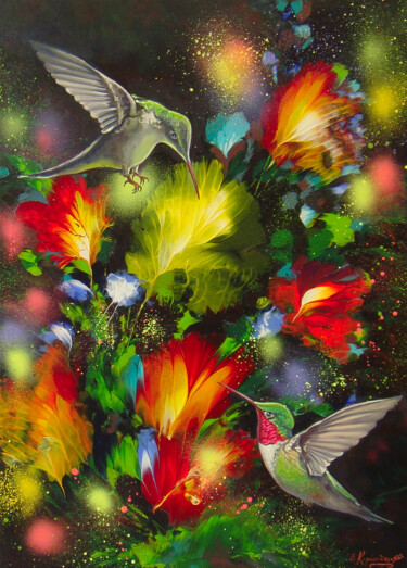 Painting titled "Hummingbirds in the…" by Irini Karpikioti, Original Artwork, Acrylic Mounted on Wood Stretcher frame