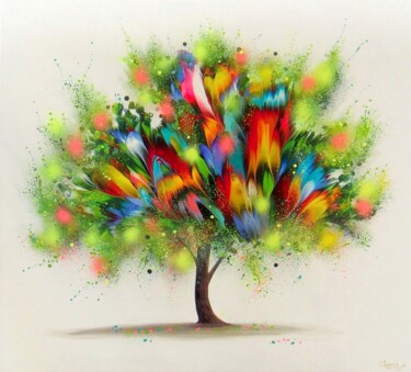 Painting titled "Flowering Tree 35.5…" by Irini Karpikioti, Original Artwork, Acrylic Mounted on Wood Stretcher frame