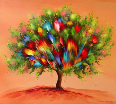 Painting titled "Flowering Tree at S…" by Irini Karpikioti, Original Artwork, Acrylic Mounted on Wood Stretcher frame