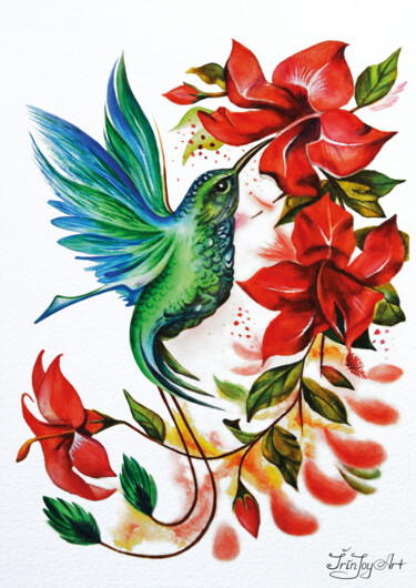 Ζωγραφική με τίτλο "Hummingbird Bird Fl…" από Irinjoyart, Αυθεντικά έργα τέχνης, Ακουαρέλα