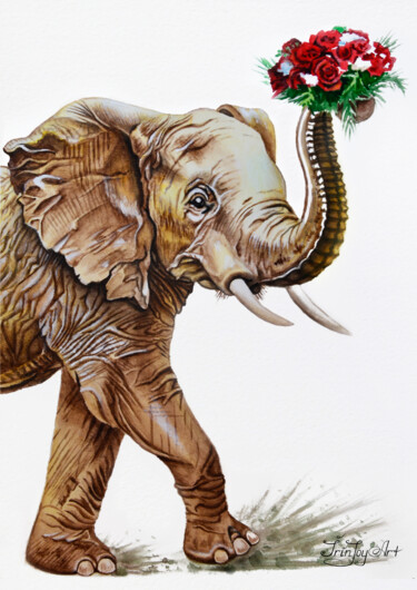 Pittura intitolato "Elephant animals wa…" da Irinjoyart, Opera d'arte originale, Acquarello