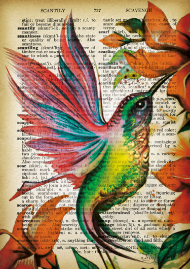 Collages intitolato "Humming bird flower…" da Irinjoyart, Opera d'arte originale, Acquarello
