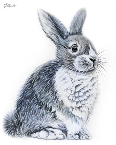 Impressões e gravuras intitulada "White gray rabbit b…" por Irinjoyart, Obras de arte originais, Impressão digital