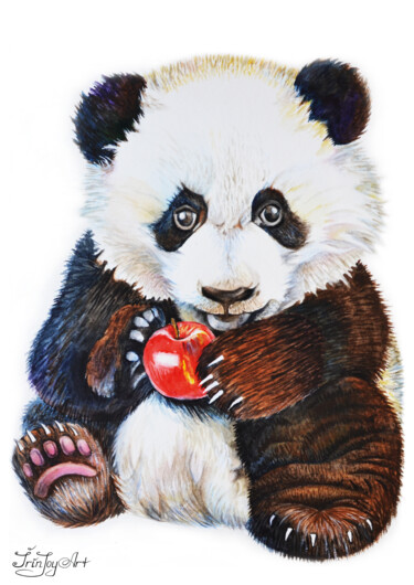 Pittura intitolato "Panda bear apple an…" da Irinjoyart, Opera d'arte originale, Acquarello