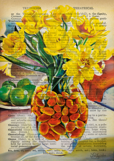 Druckgrafik mit dem Titel "Yellow flowers lotu…" von Irinjoyart, Original-Kunstwerk, Analogdruck