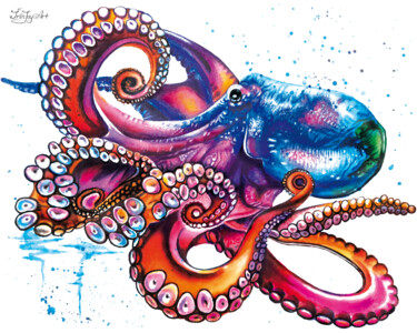 Картина под названием "Blue octopus abstra…" - Irinjoyart, Подлинное произведение искусства, Акварель