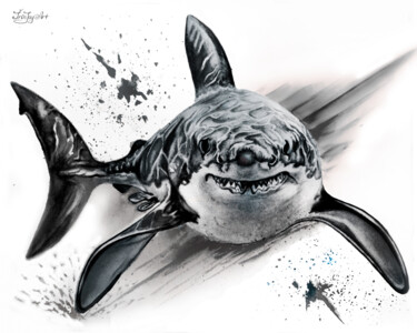 Peinture intitulée "Black white shark O…" par Irinjoyart, Œuvre d'art originale, Aquarelle