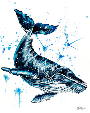 Malerei mit dem Titel "Humpback whale Bath…" von Irinjoyart, Original-Kunstwerk, Aquarell