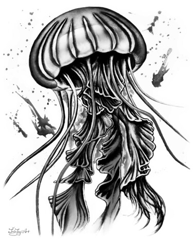 Druckgrafik mit dem Titel "Black white medusa…" von Irinjoyart, Original-Kunstwerk, Aquarell