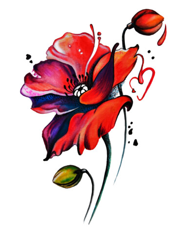 Peinture intitulée "Red poppy print Cal…" par Irinjoyart, Œuvre d'art originale, Aquarelle