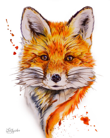 Картина под названием "Red fox wall art pr…" - Irinjoyart, Подлинное произведение искусства, Акварель