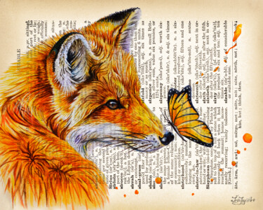 Schilderij getiteld "Fox wall art Dictio…" door Irinjoyart, Origineel Kunstwerk, Aquarel
