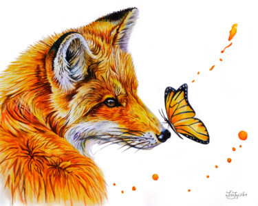 Peinture intitulée "Red fox Butterfly w…" par Irinjoyart, Œuvre d'art originale, Aquarelle