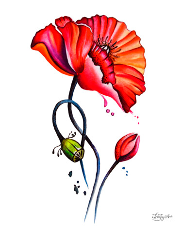 Peinture intitulée "POPPY ABSTRACT ART…" par Irinjoyart, Œuvre d'art originale, Aquarelle