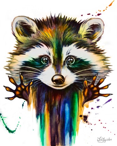 Schilderij getiteld "Raccoon warm colors…" door Irinjoyart, Origineel Kunstwerk, Aquarel