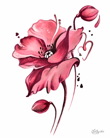 Pintura intitulada "Bright pink poppy 1…" por Irinjoyart, Obras de arte originais, Aquarela