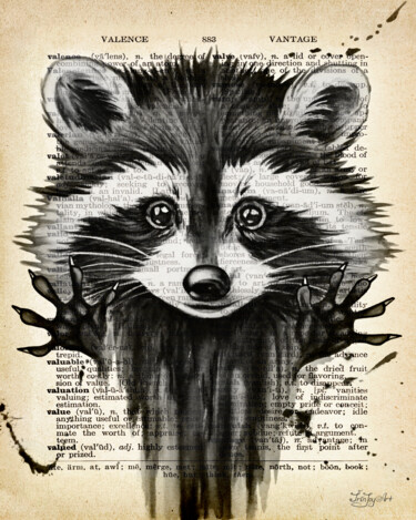 Painting titled "Black white raccoon…" by Irinjoyart, Original Artwork, Watercolor