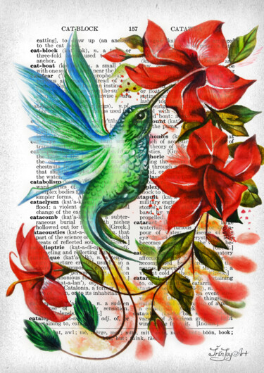 Malerei mit dem Titel "Humming bird floral…" von Irinjoyart, Original-Kunstwerk, Aquarell