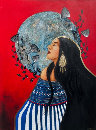 Painting titled "Patchaluna" by Iris Doreno, Original Artwork, Acrylic Mounted on Wood Stretcher frame