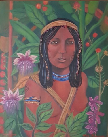 Painting titled "AMAZONAS" by Iris Maryse Stoecklin, Original Artwork, Acrylic Mounted on Wood Stretcher frame