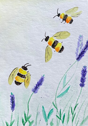 Desenho intitulada "bees" por Iris, Obras de arte originais, Aquarela