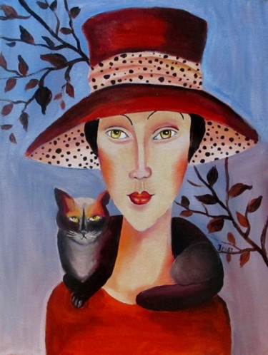 Painting titled "GEORGINA AND THE CAT" by Balázsné Böjti / Irisz/, Original Artwork, Oil