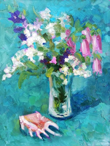 Painting titled "Clematis and bells" by Irina Lopuh, Original Artwork, Oil