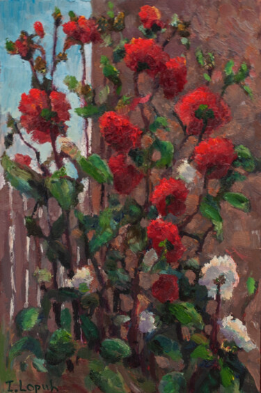 Peinture intitulée "Red dahlias" par Irina Lopuh, Œuvre d'art originale, Huile