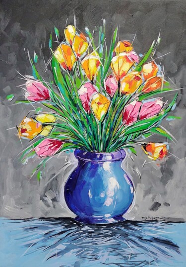 Painting titled "TULIPANI IN VASO BLU" by Fabrizio Cancelliere, Original Artwork, Acrylic