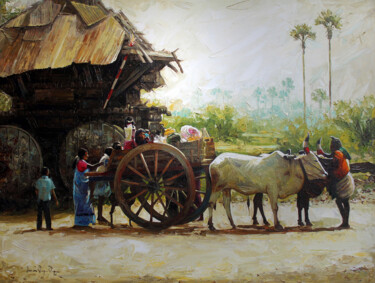 Painting titled "bullock cart" by Iruvan Karunakaran, Original Artwork, Acrylic