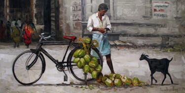 Painting titled "coconut-seller" by Iruvan Karunakaran, Original Artwork, Acrylic