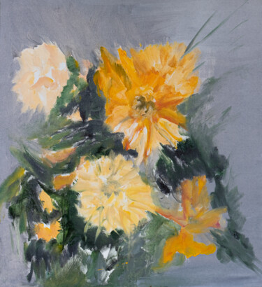 Painting titled "Yellow chrysanthemu…" by Iryna Bobrova, Original Artwork, Oil
