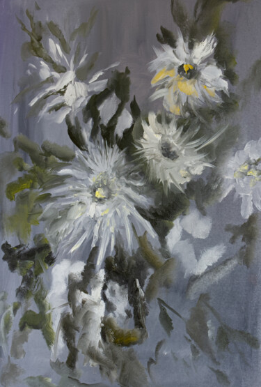Painting titled "White chrysanthemums" by Iryna Bobrova, Original Artwork, Oil