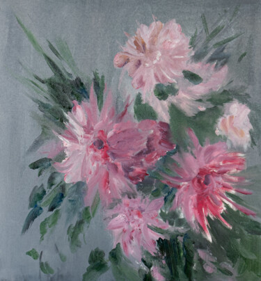 Painting titled "Pink chrysanthemums" by Iryna Bobrova, Original Artwork, Oil