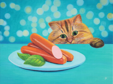 Картина под названием "Cat and sausages" - Iryna Bohdanova, Подлинное произведение искусства, Масло