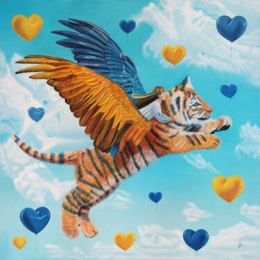 Malerei mit dem Titel "Winged tiger cub" von Iryna Bohdanova, Original-Kunstwerk, Öl