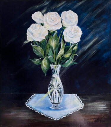 Painting titled "White Roses" by Iryna Chaplia, Original Artwork, Acrylic