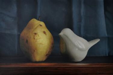 Painting titled "Bird with a pear" by Iryna Dolzhanska, Original Artwork, Oil Mounted on Wood Stretcher frame